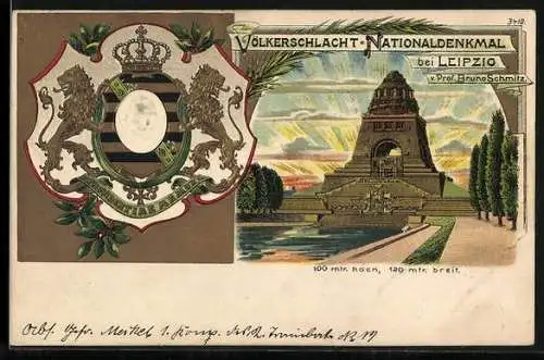 AK Leipzig, Völkerschlachtdenkmal, Wappen von Sachsen mit Portrait König Friedrich August von Sachsen