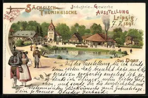 Lithographie Leipzig, Sächs.-Thür. Industrie- und Gewerbeausstellung 1897, Dorfansicht mit Teich und Anwohnern in Tracht
