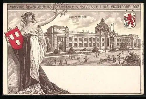 Lithographie Düsseldorf, Industrie-Gewerbe-Deutschnationale Kunst-Ausstellung 1902, Kunstpalast, Frau mit Wappen