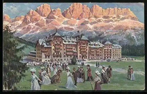Künstler-AK Rudolf Alfred Höger: Karersee, Hotel mit Gästen und Bergpanorama