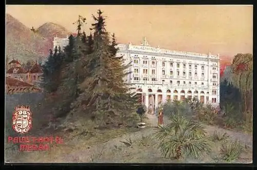 Künstler-AK Meran, Abendstimmung am Palast-Hotel