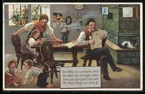 AK Bauer bei seiner Familie studiert, wie das Düngen mit Kali sein Vermögen mehrt