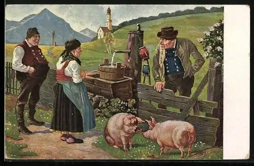 AK Frau und Männer am Brunnen, Schweine am Zaun