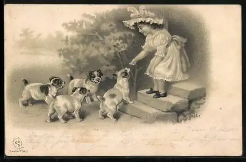 Lithographie Kleines Mädchen gibt Hundewelpen ein Leckerchen