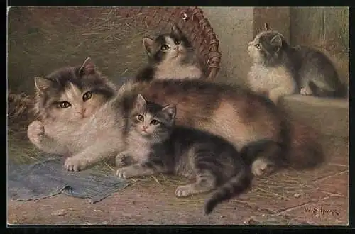 Künstler-AK Katzenmama mit ihren Katzenbabys