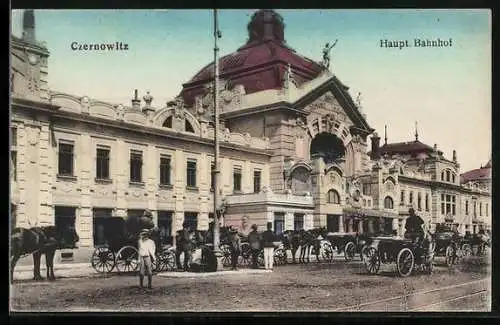 AK Czernowitz, Pferdekutschen stehen vor dem Hauptbahnhof