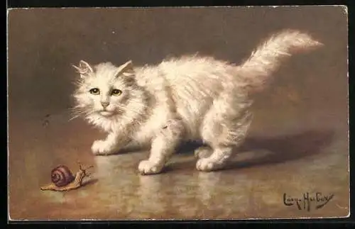 Künstler-AK Weisse Katze vor einer Schnecke