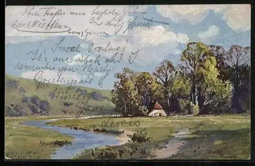 Künstler-AK August Splitgerber: Bachpartie mit Blick auf ein altes Bauernhaus