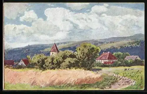 Künstler-AK August Splitgerber: Ortsansicht mit Berglandschaft