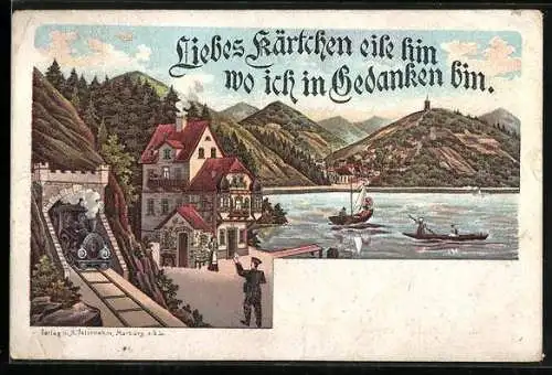 Lithographie Briefträger überbringt Brief, mit Eisenbahn