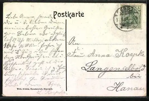 Lithographie Briefträger überbringt Brief, mit Eisenbahn