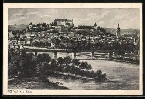 Künstler-AK Kasimir-Pettau, Totalansicht mit Blick zur Brücke