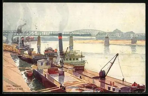Künstler-AK Bratislava, Hafen und die Donaubrücke