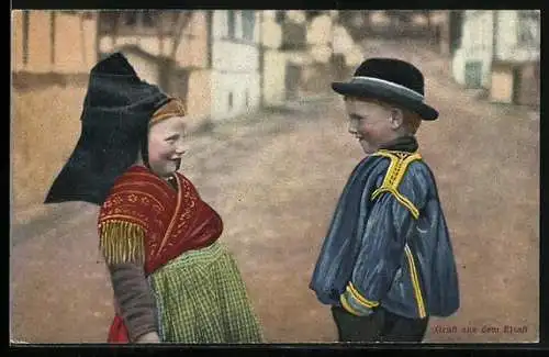 AK Gruss aus dem Elsass, Junge und Mädchen in elsass-lothringischen Trachten
