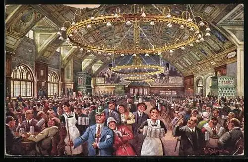 Künstler-AK Ernst Schlemo: München, Kgl. Hofbräuhaus mit Feierlustigen