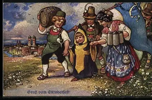AK München, Oktoberfest, Kellnerin mit Münchener Kindl und bayerischer Flagge