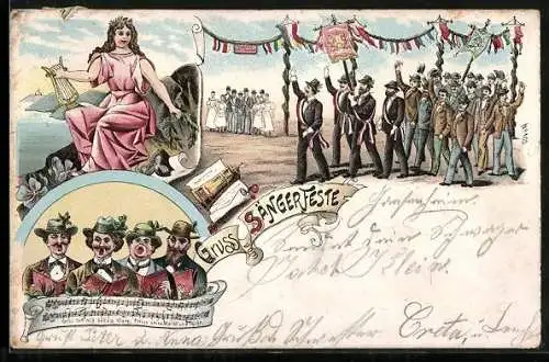 Lithographie Gruss vom Sängerfeste, Gesellschaft beim Musizieren