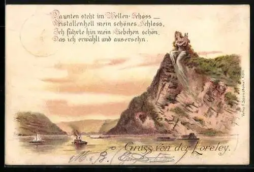 Lithographie Loreley, auf dem hohen Felsenrücken da sitzt die Loreley, lockt mit den Zauberblicken den Träumer auf's neu
