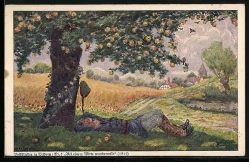 Künstler-AK Hans Baluschek: Volkslied Bei einem Wirte wundermild - Junger Mann liegt unter einem Apfelbaum