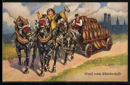 Künstler-AK Ernst Schlemo: München, Münchener Kindl und Bierkutscher auf dem Weg zum Oktoberfest