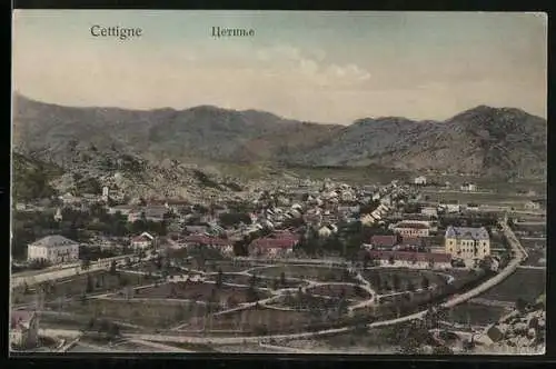 AK Cettigne, Panorama mit Strassenpartie
