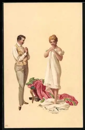 Künstler-Lithographie Richard Hegedüs-Geiger: blonde Frau steht in Unterwäsche vor ihrem Geliebten