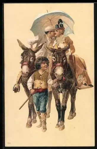Künstler-Lithographie Richard Hegedüs-Geiger: Liebespaar reitet auf Eseln und küsst sich