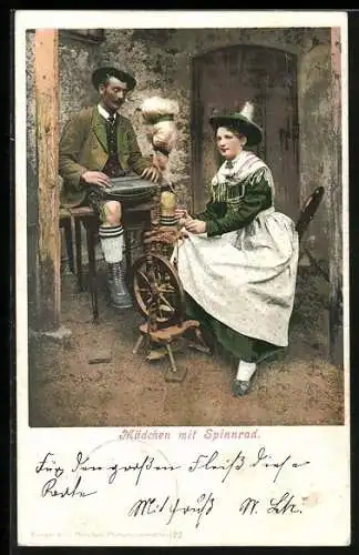 AK Ehemann spielt für seine Frau am Spinnrad ein Lied auf seiner Zither