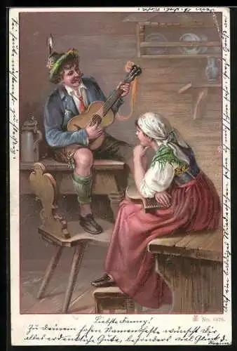Lithographie Gitarrenspieler und lauschende Zitherspielerin