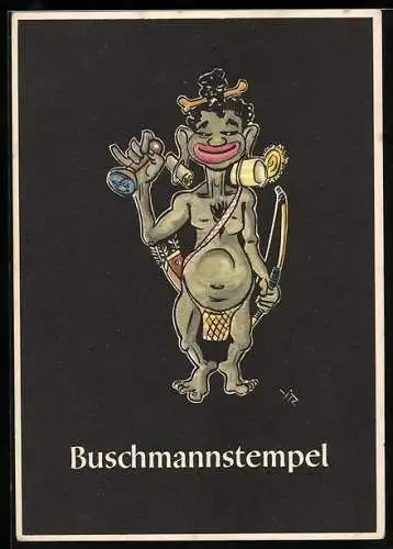 Künstler-AK sign. H. Moritz: Buschmannstempel, Indigener in Volkstracht, Kolonialhumor