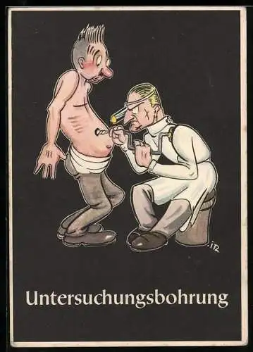 Künstler-AK H. Moritz, Untersuchungsbohrung, Arzt bohrt seinem Patienten ein Loch in den Bauch