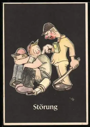 AK Karikatur Bergmännische Begriffe: Störung, Vorarbeiter ermahnt die lenzenden Arbeiter