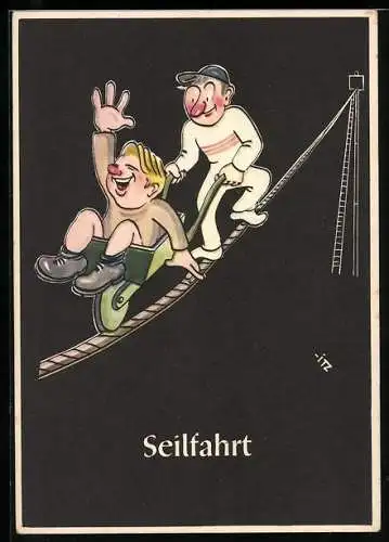 Künstler-AK sign. H. Moritz: bergmännische Begriffe karikiert aus Lustige Gezähekiste, Nr. 43: Seilfahrt