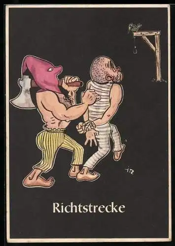 Künstler-AK sign. H. Moritz: bergmännische Begriffe karikiert aus Lustige Gezähekiste, Nr. 6: Richtstrecke