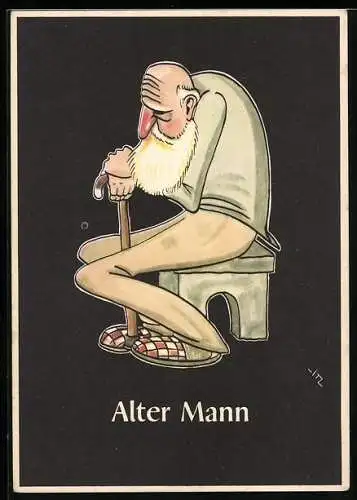 AK Karikatur Bergmännische Begriffe: Alter Mann, Greis mit weissem Bart und Stock sitzt auf einem Hocker