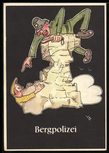 AK Karikatur Bergmännische Begriffe: Bergpolizei, Polizist ertappt auf dem Berggipfel einen Bergsteiger