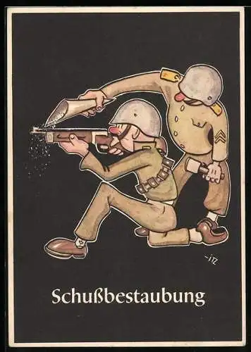AK Karikatur Bergmännische Begriffe: Schussbestaubung, Soldaten bei der Schiessübung