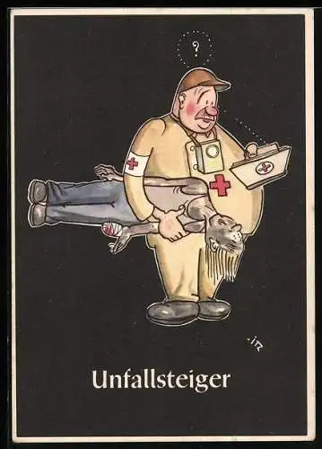 AK Karikatur Bergmännische Begriffe: Unfallsteiger, Rettung eines Verletzten