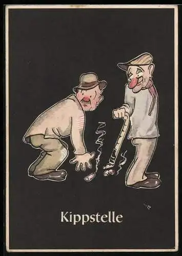 AK Karikatur Bergmännische Begriffe: Kippstelle, Zerlumpte Männer sammeln Zigarettenreste