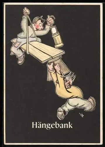 Künstler-AK sign. H. Moritz: Lustige Gezähekiste - 48 bergmännische Begriffe, Bild 46, Hängebank