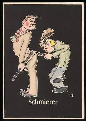 AK Karikatur Bergmännische Begriffe: Schmierer, Knabe zupft am Jackenzipfel eines Mannes