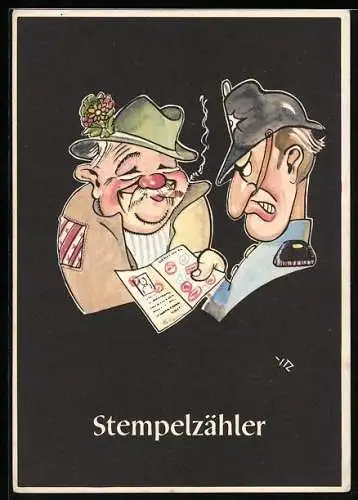 Künstler-AK sign. H. Moritz: Lustige Gezähekiste - 48 bergmännische Begriffe, Bild 32, Stempelzähler