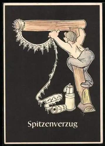AK Karikatur Bergmännische Begriffe: Spitzenverzug, Bergarbeiter dekoriert die Holzstützen mit Spitze