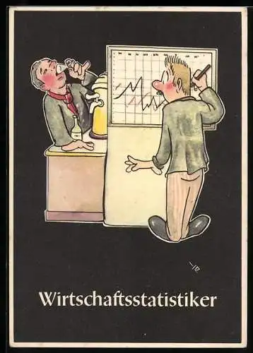 Künstler-AK sign. H. Moritz: Lustige Gezähekiste - 48 bergmännische Begriffe, Bild 36, Wirtschaftsstatistiker