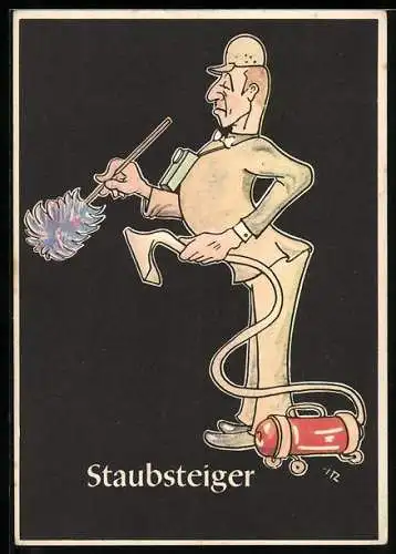 AK Karikatur Bergmännische Begriffe: Staubsteiger, Butler mit Staubbesen und Staubsauger