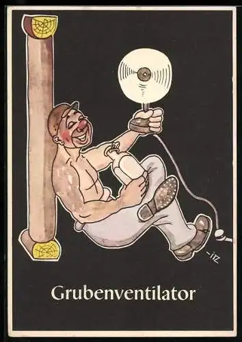Künstler-AK sign. H. Moritz: Lustige Gezähekiste - 48 bergmännische Begriffe, Bild 39, Grubenventilator
