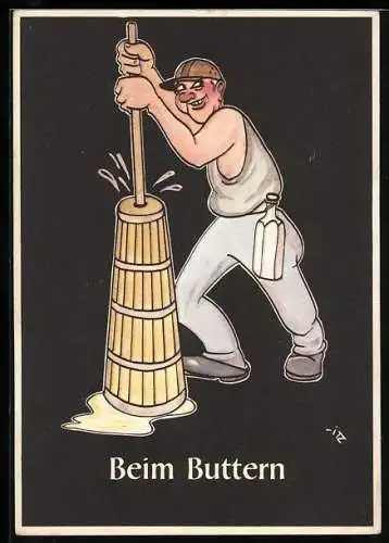 Künstler-AK sign. H. Moritz: bergmännische Begriffe karikiert aus Lustige Gezähekiste, Nr. 38: Beim Buttern