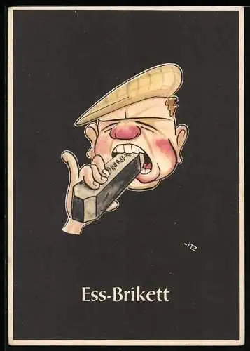 Künstler-AK sign. H. Moritz: Ess-Brikett, Bergbau