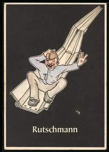 Künstler-AK sign. H. Moritz: bergmännische Begriffe karikiert aus Lustige Gezähekiste, Nr. 14: Rutschmann