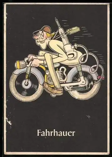 Künstler-AK sign. H. Moritz: Fahrhauer, Bergmann mit Hammer auf Motorrad, Bergbau